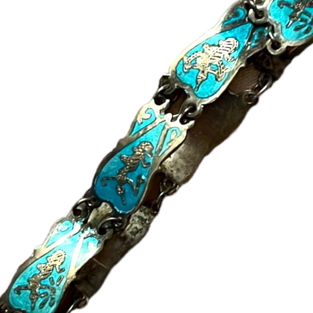 Vintage Siam Sterling Silver Niello Turquoise Enamel Panel Link Goddess Bracelet